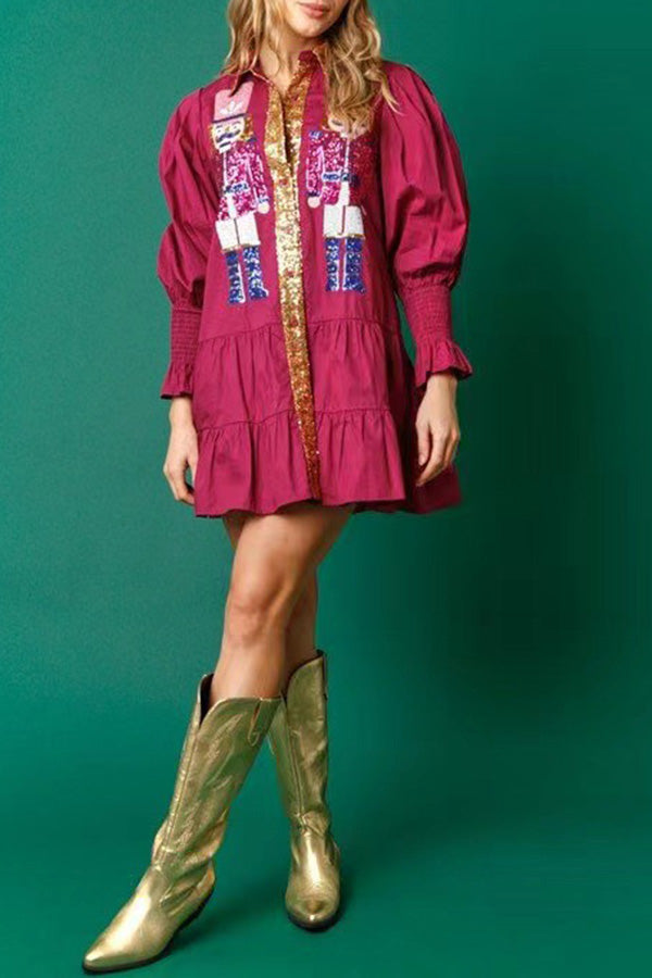 Sequined Nutcracker Button-Down Long Sleeve Mini Dress