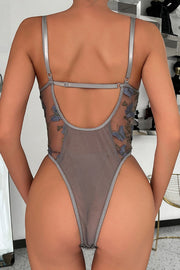 Butterfly Embroidered Sheer Mesh Bodysuit with Tie Waist