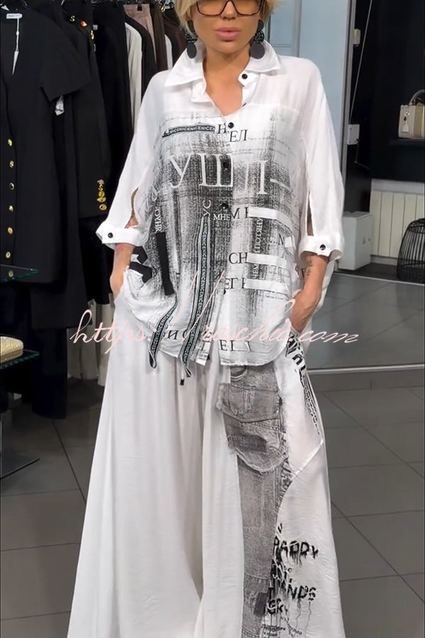 Graffiti Print Blouse & Wide Leg Pants Set | Casual Co-ord