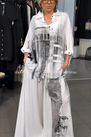 Graffiti Print Blouse & Wide Leg Pants Set | Casual Co-ord