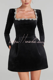 Black Velvet Mini Dress with Jeweled Trim & Long Sleeves