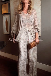 Animal Print Batwing Sleeve Shirt & Wide Leg Pants Set