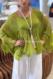 Chiffon Ruffle Batwing Top & Loose Pants Set – Vacation
