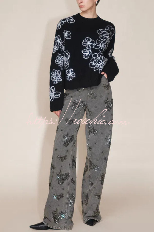 Beaded Sequin Floral Wide Leg Jeans Mid Rise with Pockets