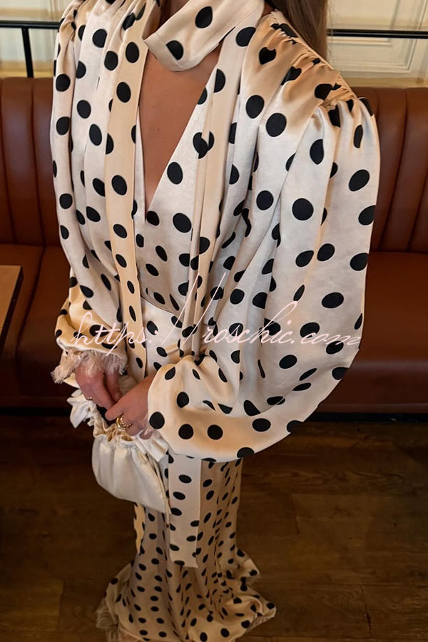 Satin Polka Dot Balloon Sleeve Blouse with Tie-up V-Neck
