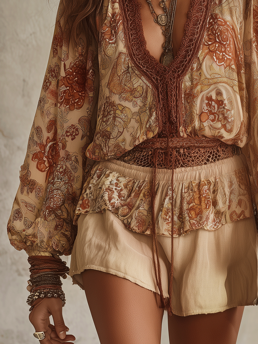 Chiffon Bohemian Two-Piece Shirt and Shorts Set in Beige