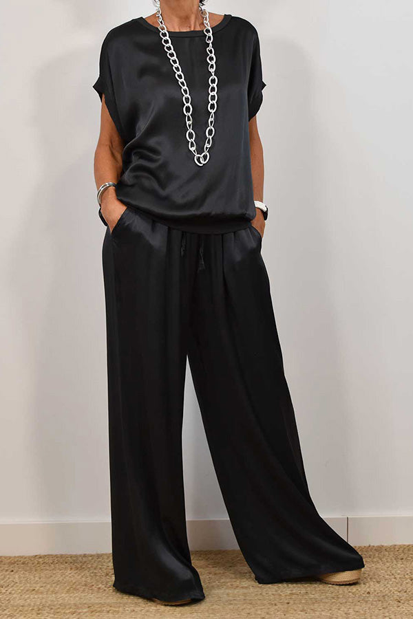 Satin Wide-Leg Pants Set with Short-Sleeve Top