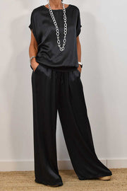 Satin Wide-Leg Pants Set with Short-Sleeve Top