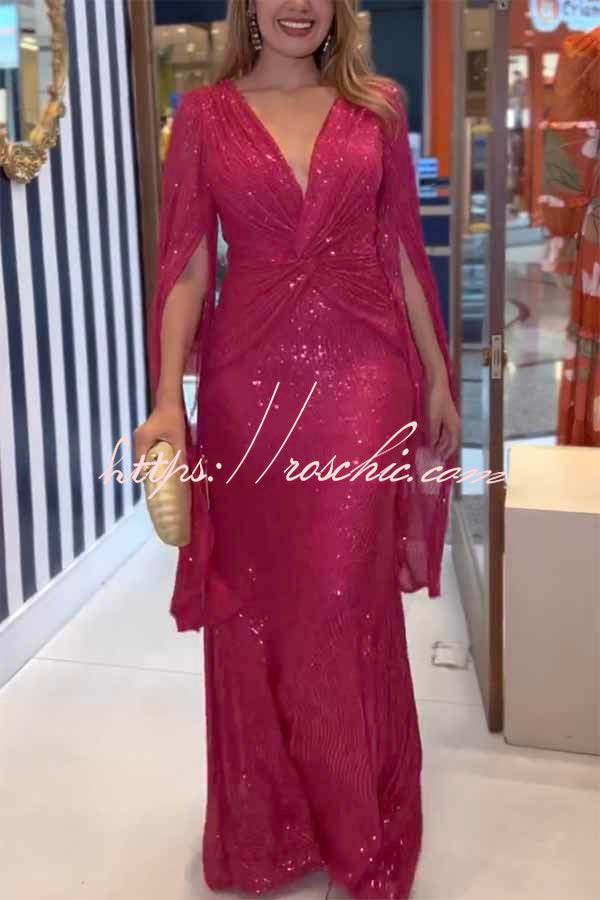 Sequin Cape Sleeve Cross-Waist Evening Maxi Dress