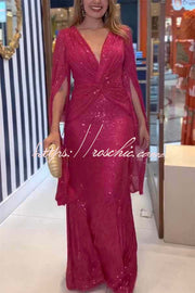 Sequin Cape Sleeve Cross-Waist Evening Maxi Dress