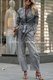 Women's Denim Belted Jacket – Loose Fit Stand Collar
