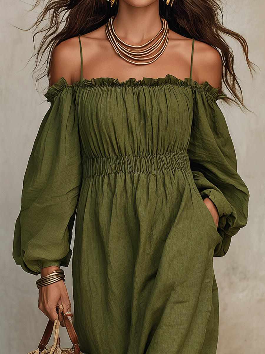 Olive Green Cotton-Linen Off-Shoulder Maxi Dress