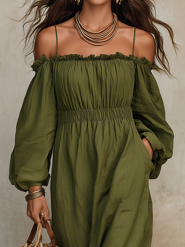 Robe longue à épaules dénudées en coton et lin vert olive