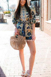 Linen Blend Puff Sleeve Romper with Pockets & Unique Print