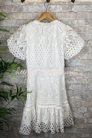 Crochet Lace Puff Sleeve Button-Up Mini Dress