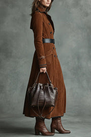 Trench long à revers en daim pour femme avec poches