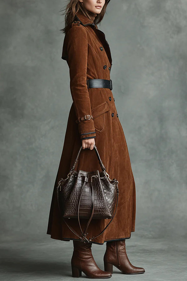 Women's Suede Lapel Long Trench Coat with Pockets