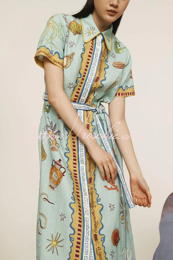 Linen Blend Maxi Dress | Unique Print Tie-Up Shirt Dress