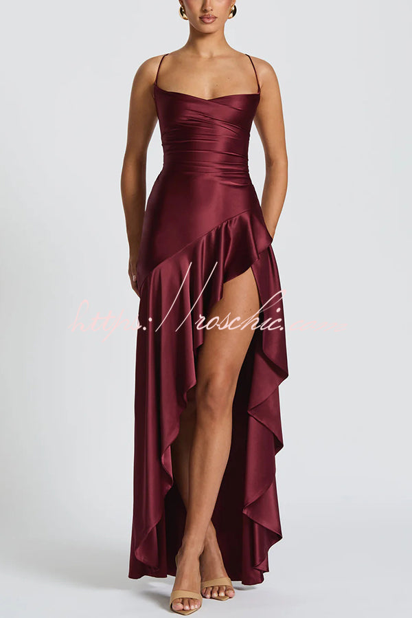 Backless Lace-Up Ruffle Maxi Dress – Spaghetti Strap