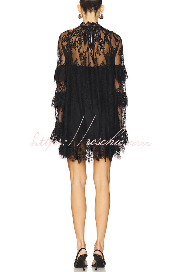 Lace Long-Sleeve See-Through Mini Dress – Loose Fit