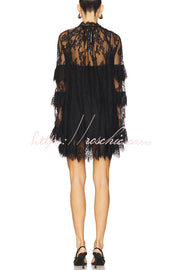 Lace Long-Sleeve See-Through Mini Dress – Loose Fit