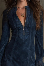 Embroidered Lace Patchwork Mini Dress – Slim Fit V-Neck