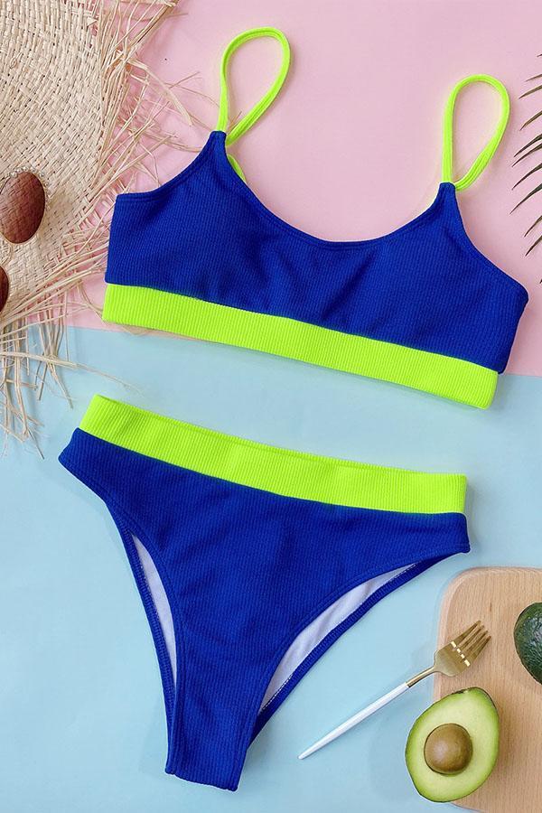 Purple Rib-Knit High-Waisted Padded Tankini Top