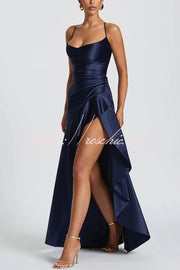Backless Lace-Up Ruffle Maxi Dress – Spaghetti Strap