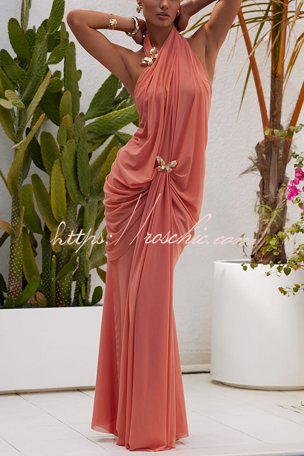 One Shoulder Mesh Maxi Dress with Butterfly Metal Clips
