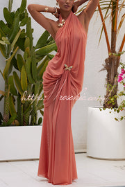 One Shoulder Mesh Maxi Dress with Butterfly Metal Clips