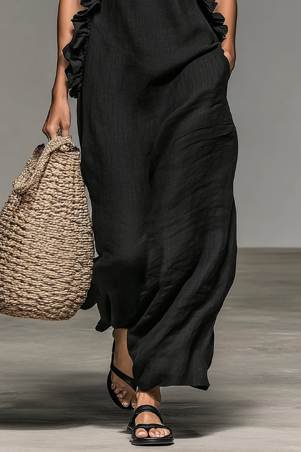 Linen Blend Halter Neck Maxi Dress – Loose Ruffle Sleeveless