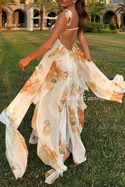 Floral Print Halter Neck Backless Maxi Dress with Slit