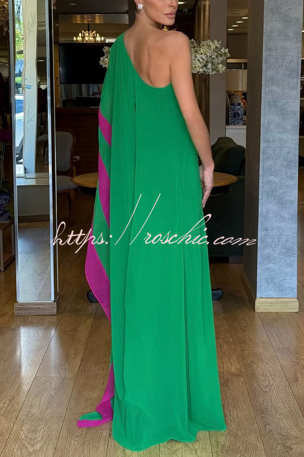 Chiffon One-Shoulder Maxi Dress – Color-block Vacation Style