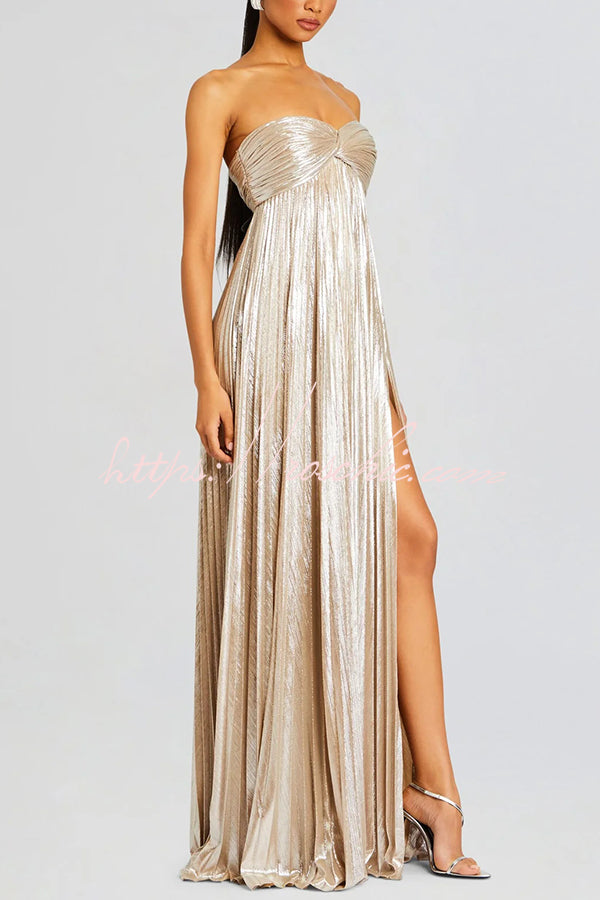 Metallic Pleated Off-Shoulder High Slit Maxi Dress