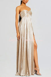 Metallic Pleated Off-Shoulder High Slit Maxi Dress