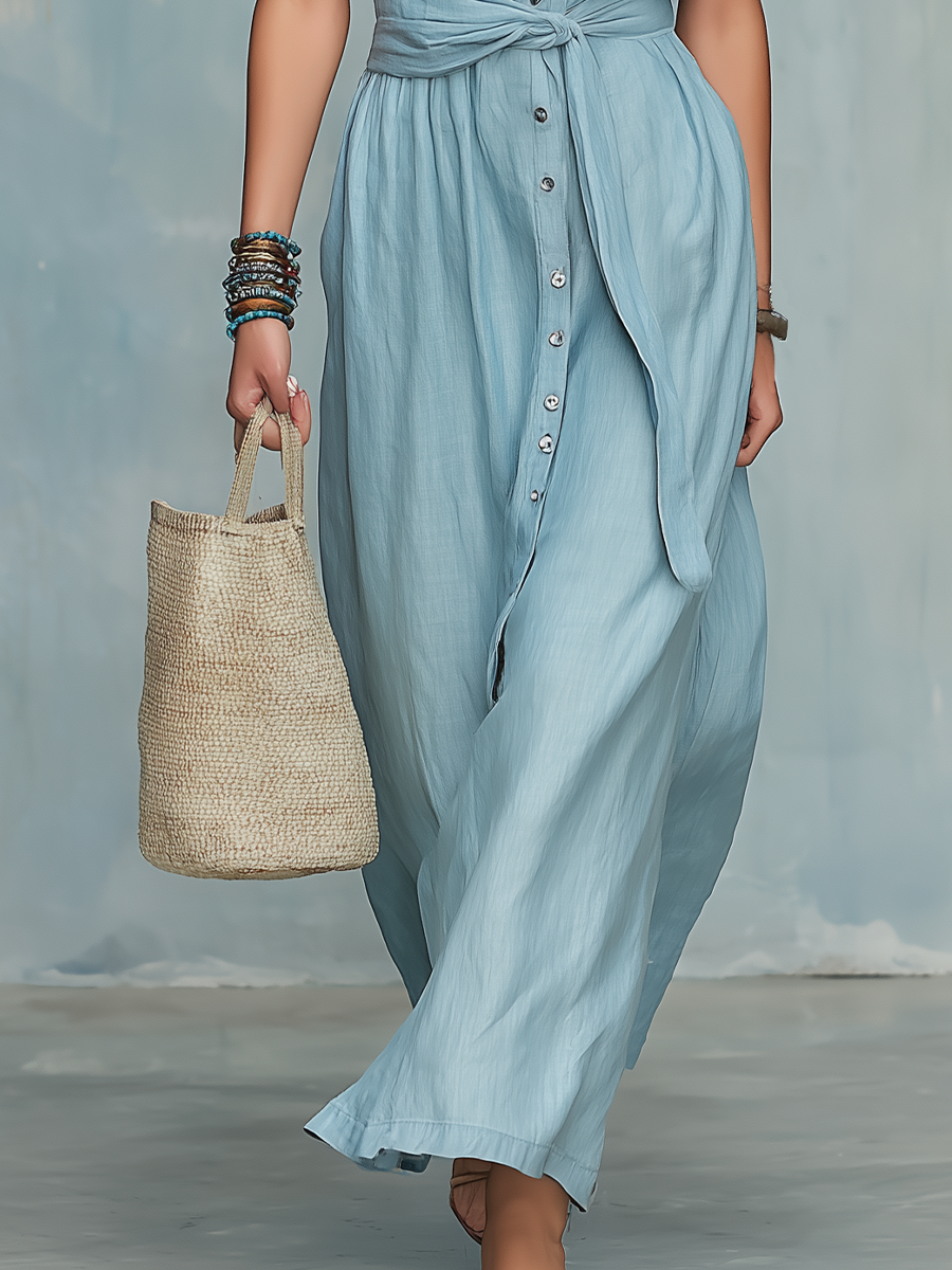 Powder Blue Belted Shirt Maxi Dress | Short Sleeve