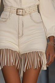 Long Sleeve Denim-Style Mini Dress with Fringed Hem