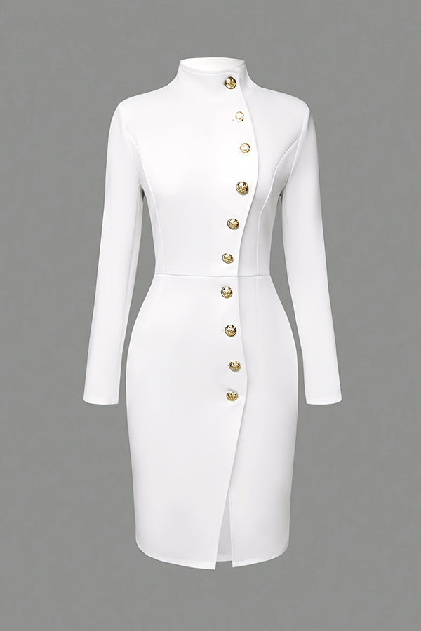 Slim Fit Midi Dress with Stand Collar & Metal Buttons