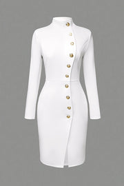 Slim Fit Midi Dress with Stand Collar & Metal Buttons