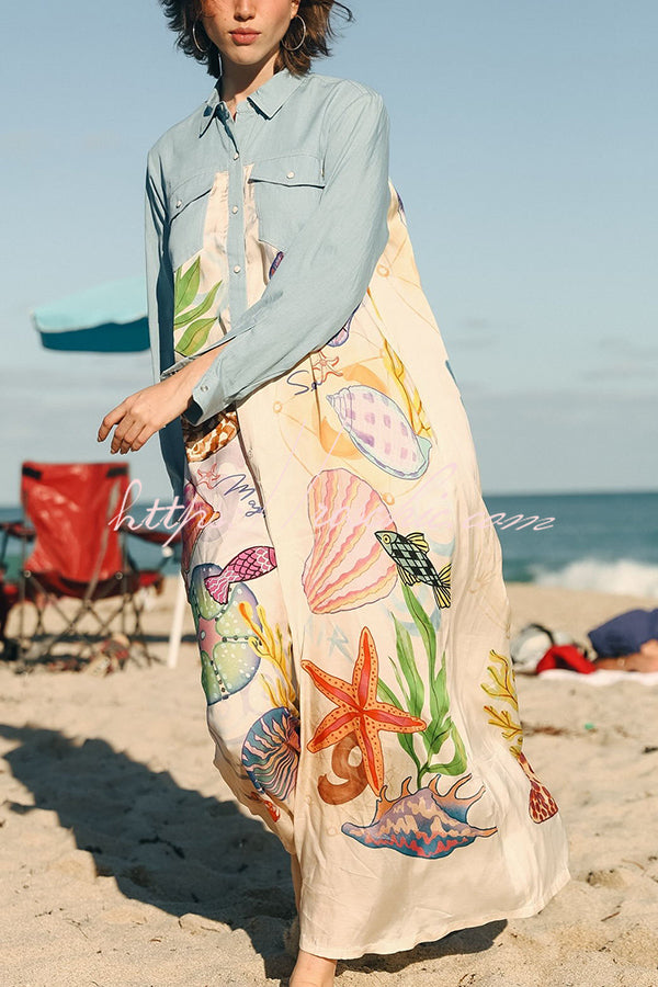 Marine Print Patchwork Maxi Shirt Coat with Pockets