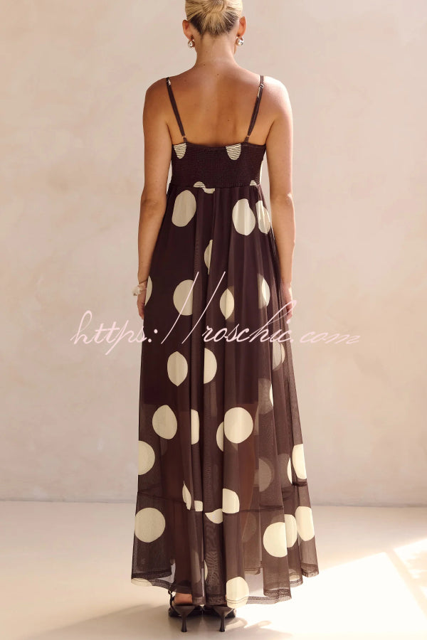 Polka Dot Mesh Maxi Dress | Spaghetti Strap Square Neck