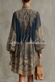 Baroque Print Chiffon Mini Dress with High Neck & Bell Sleeves