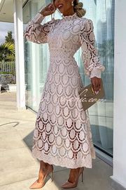 Crochet Lace Lantern Sleeve Midi Dress for Parties