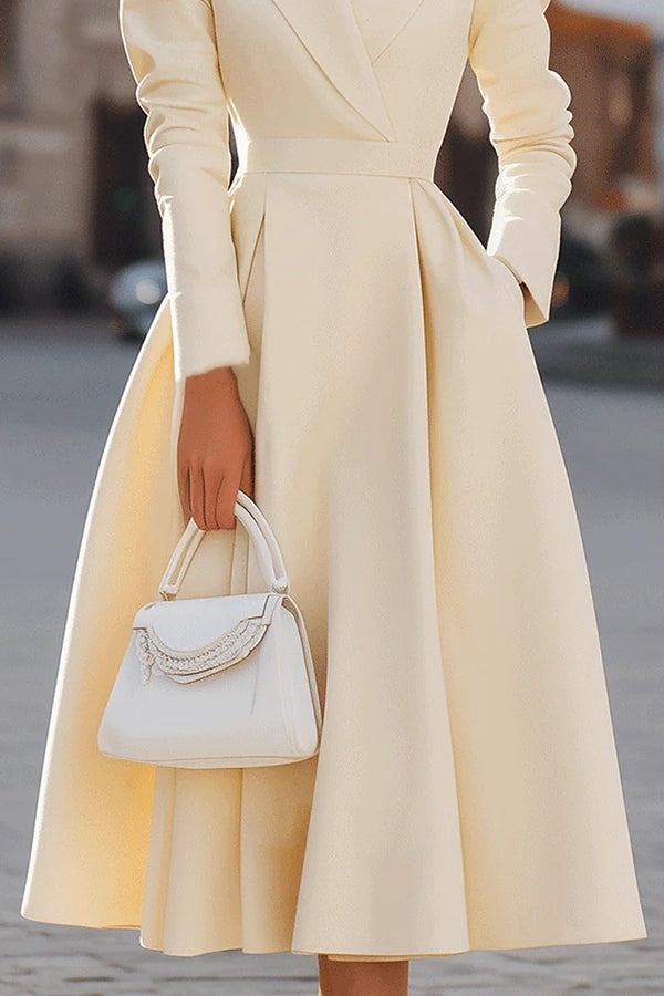 Solid Color Lapel Midi Dress with Long Sleeves