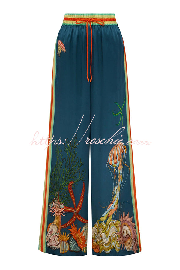 Linen Blend Printed Lapel Short Sleeve Shirt & Wide Leg Pants Set