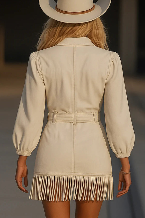 Long Sleeve Denim-Style Mini Dress with Fringed Hem