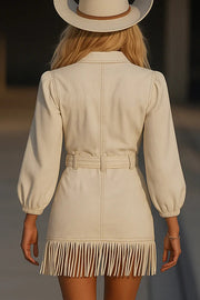 Long Sleeve Denim-Style Mini Dress with Fringed Hem