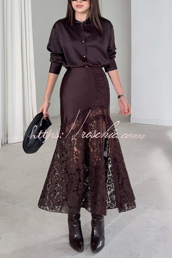 Silk Satin & Lace Spliced Maxi Skirt | Elegant Vacation Style