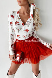 Christmas Pajama Set Women Santa Hat Reindeer Print Lounge