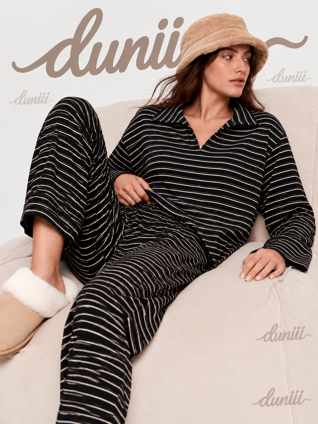 Duniii Striped V-Neck Long Sleeve Lounge Set